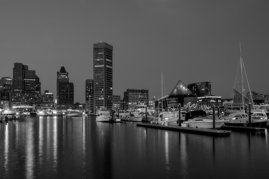 Baltimore Inner Harbor Skyline Reflections BW Photograph by Susan Candelario