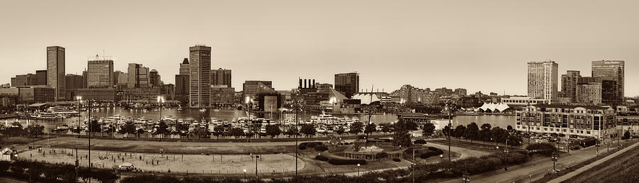 Baltimore Skyline Panorama In Sepia Photograph by Susan Candelario