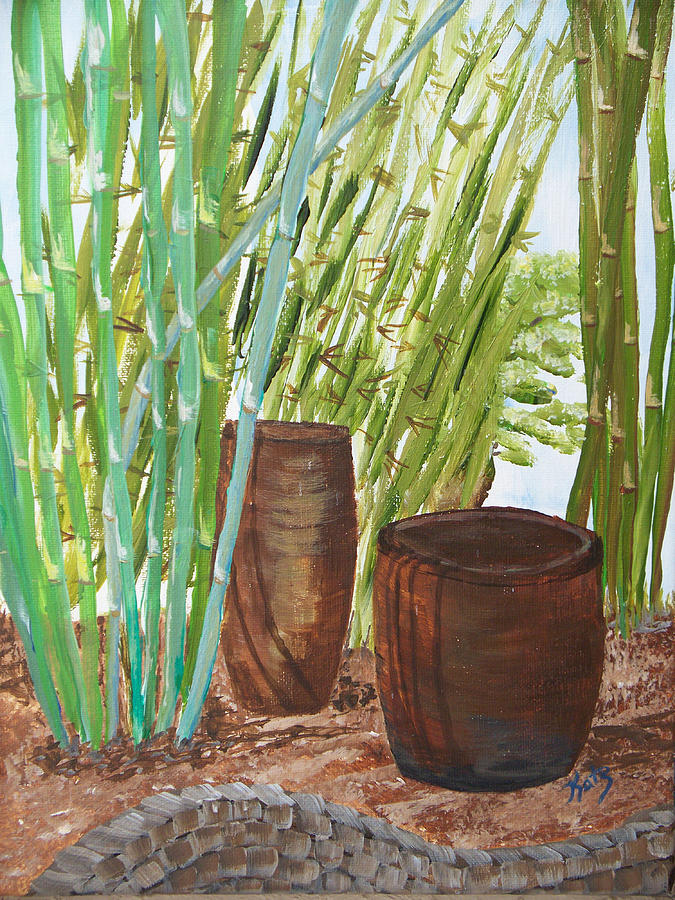 Bamboo Farm And Pottery Barn Cane Pots Painting By Kathy Przepadlo