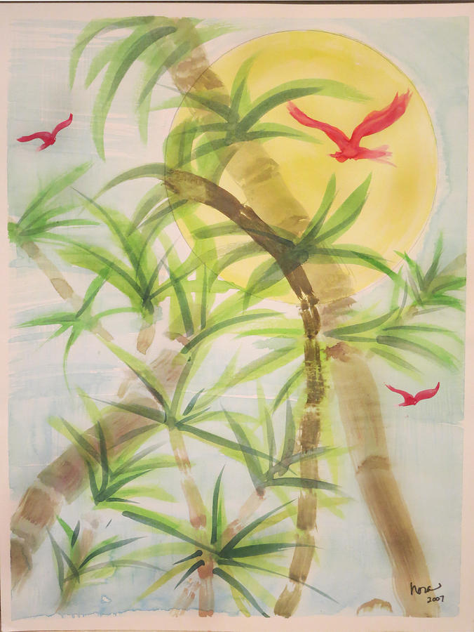 Bamboo with red birds Painting by Nora Martinez