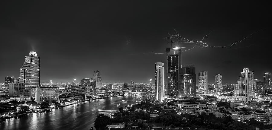 Black And White Photograph - Bangkok Lightning by Stefan Schilbe