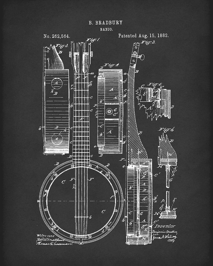 Banjo 1882 Patent Art Black Drawing by Prior Art Design