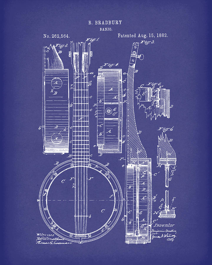 Banjo 1882 Patent Art Blue Drawing by Prior Art Design