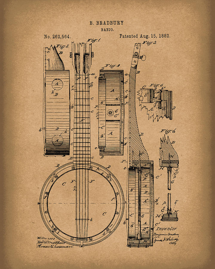 Banjo 1882 Patent Art Brown Drawing by Prior Art Design