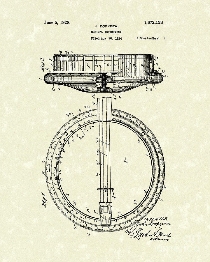 Banjo 1928 Patent Art Drawing by Prior Art Design