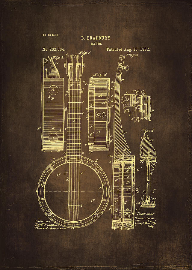 Banjo Patent Drawing - Brown Drawing by Maria Angelica Maira