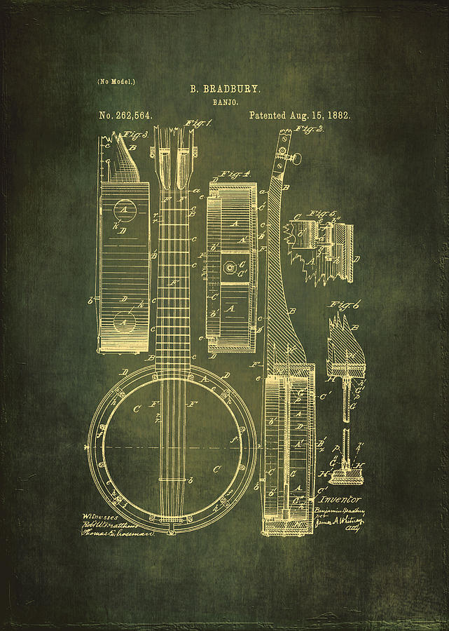 Banjo Patent Drawing - Cyan Drawing by Maria Angelica Maira