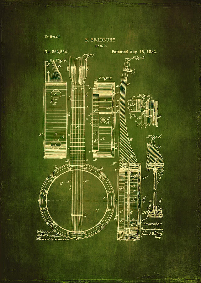 Banjo Patent Drawing - Green  Drawing by Maria Angelica Maira