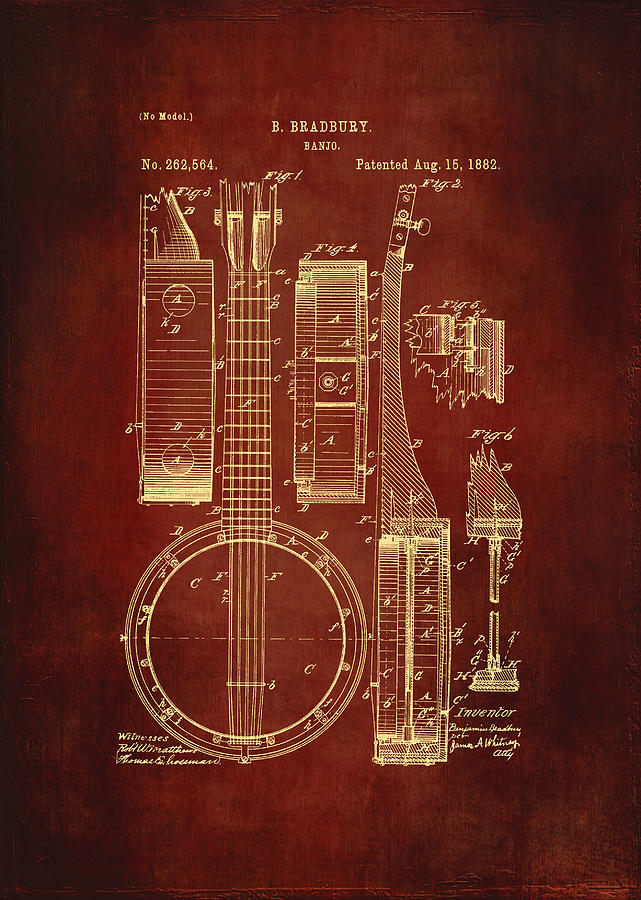 Banjo Patent Drawing - Burgundy Digital Art by Maria Angelica Maira