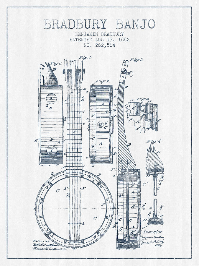 Music Digital Art - Banjo patent Drawing from 1882 - Blue Ink by Aged Pixel