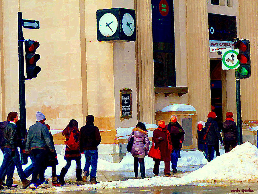 Bank Of Montreal Clock Corner Drummond And St Catherine Downtown Shoppers Sidewalk Scene C Spandau Painting by Carole Spandau