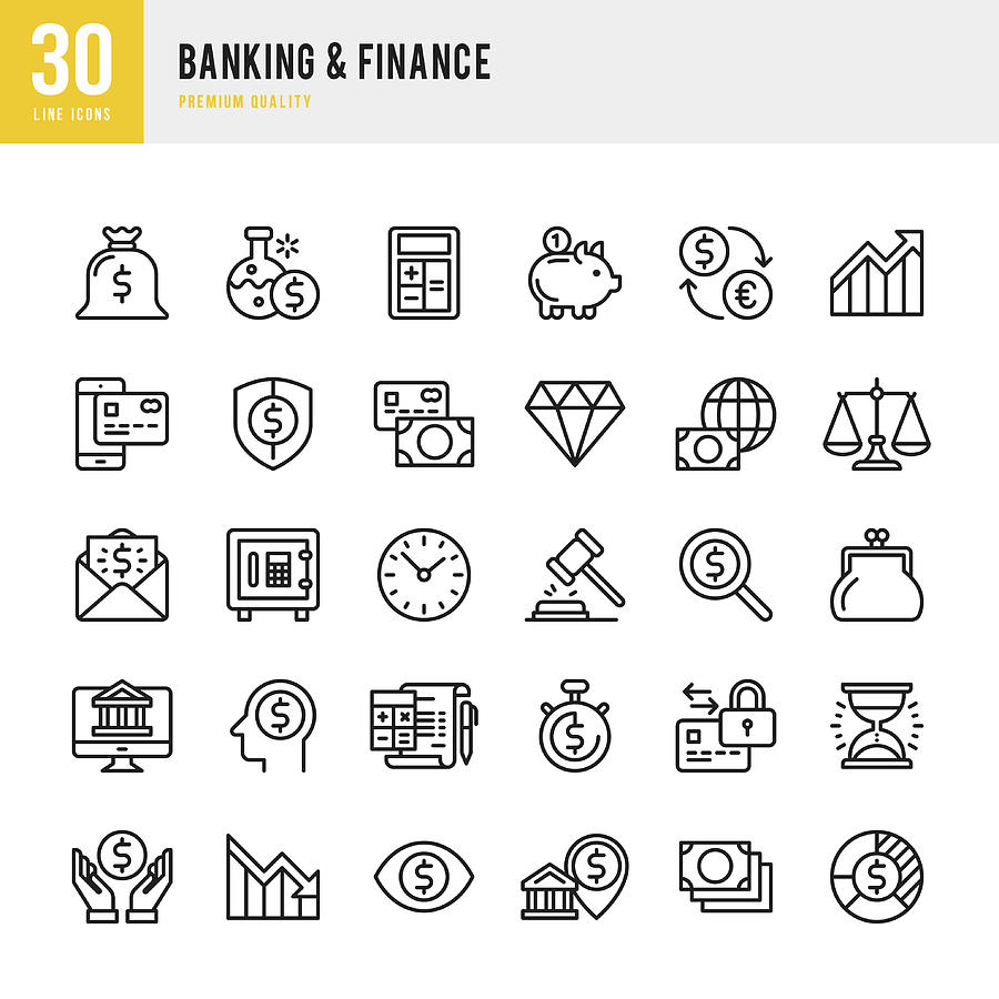 Banking & Finance - Thin Line Icon Set Drawing by Fonikum Banking & Finance - Thin Line Icon Set Drawing by Fonikum