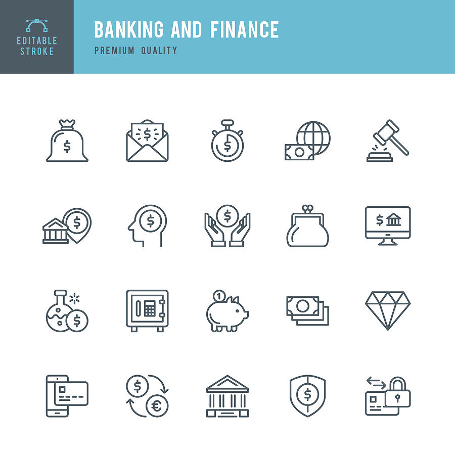 Banking and Finance  - Thin Line Icon Set Drawing by Fonikum