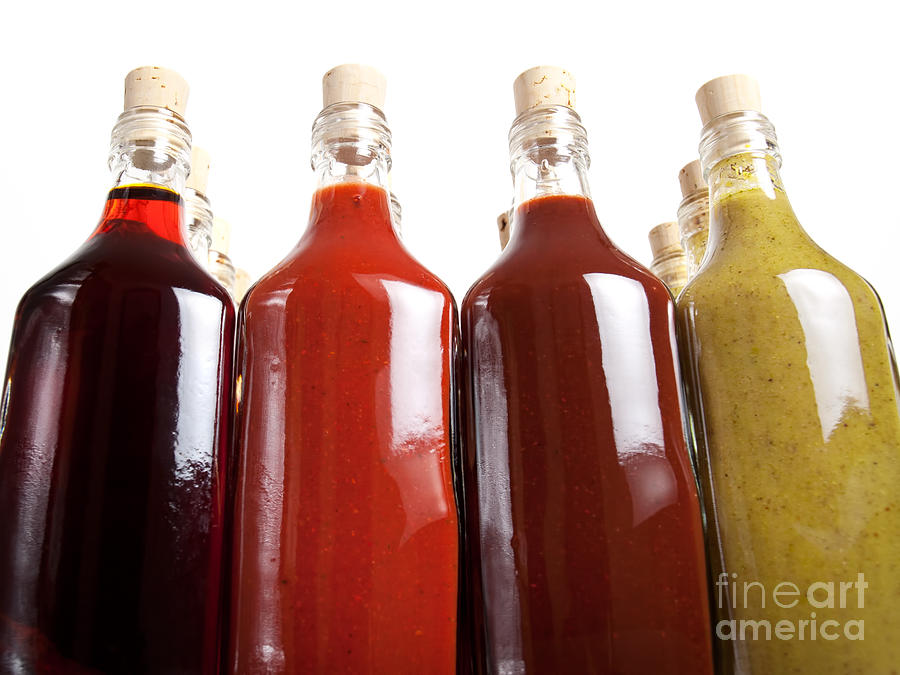Bottle Photograph - Barbecue hot sauces by Sinisa Botas