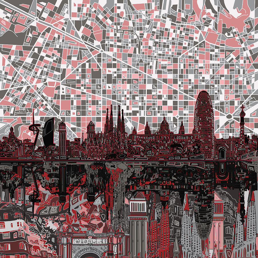 Barcelona Skyline Abstract 9 Painting by Bekim M