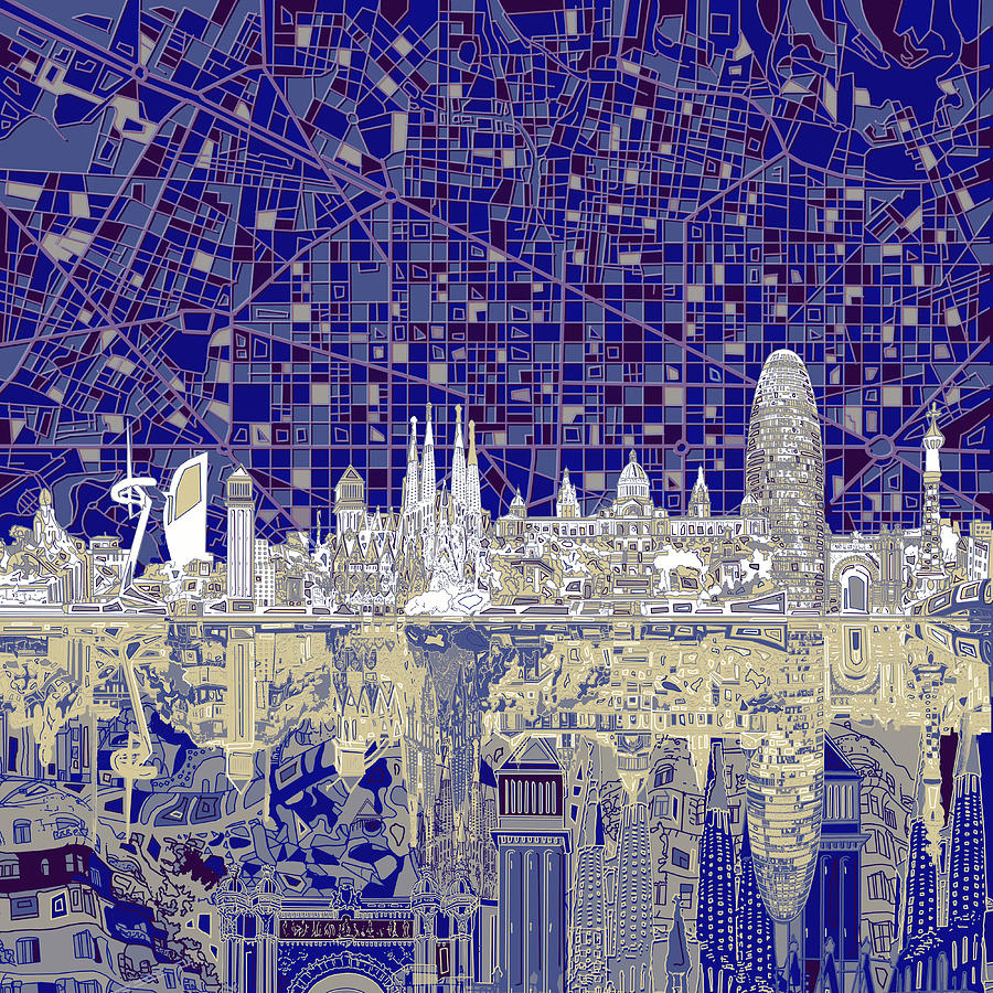 Barcelona Skyline Abstract  Painting by Bekim M