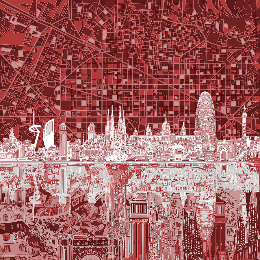 Barcelona Skyline Abstract Red Painting by Bekim M