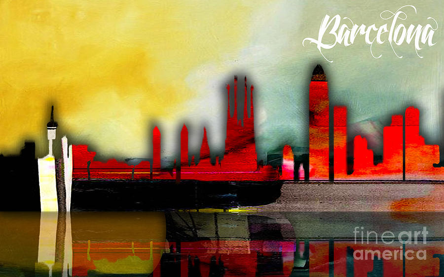 Barcelona Spain Skyline Watercolor Mixed Media by Marvin Blaine