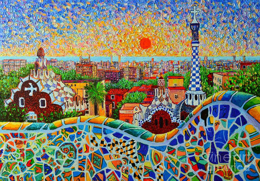 Barcelona View At Sunrise - Park Guell  Of Gaudi Painting by Ana Maria Edulescu