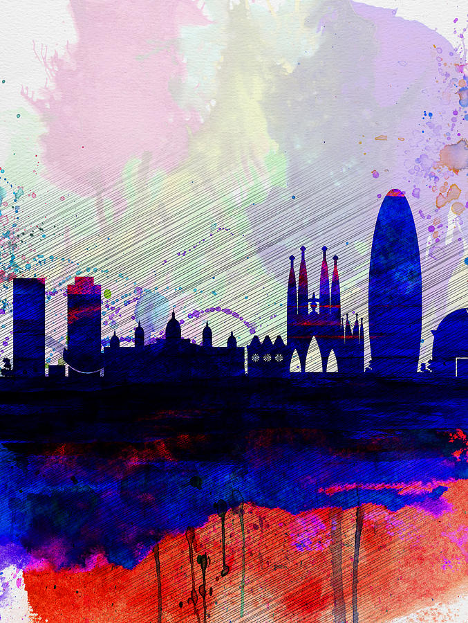 Barcelona Painting - Barcelona Watercolor Skyline 2 by Naxart Studio