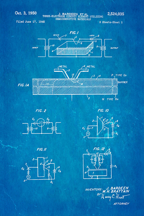 Vintage Photograph - Bardeen Transistor Patent Art 1950 Blueprint by Ian Monk