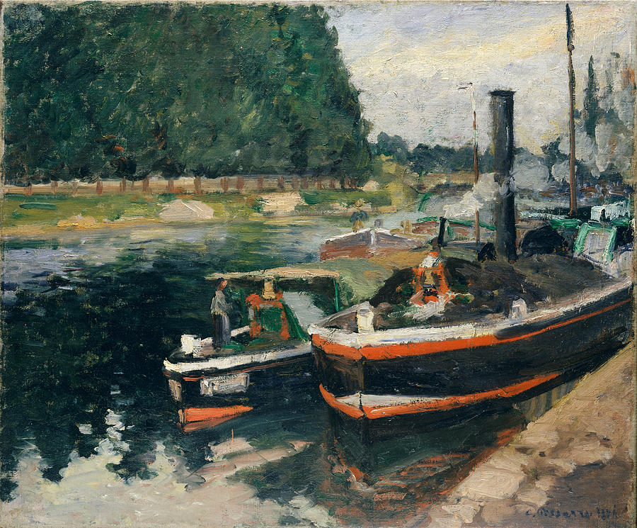 Barges at Pontoise Painting by Camille Pissarro