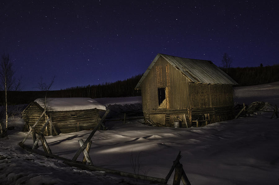 Winter Photograph - Barn and Cabin in the Twilight by Thomas Payer