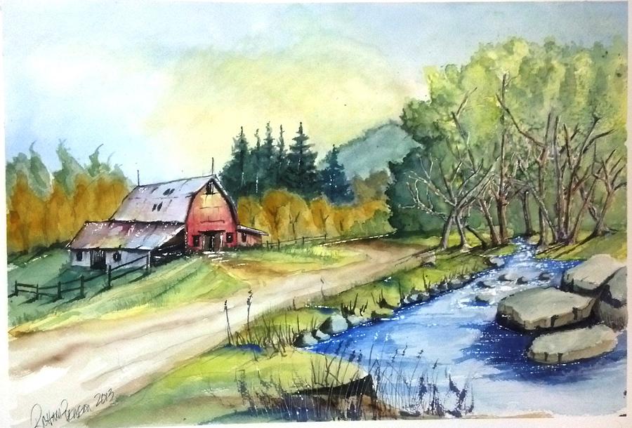 Barn and Stream Painting by Richard Benson