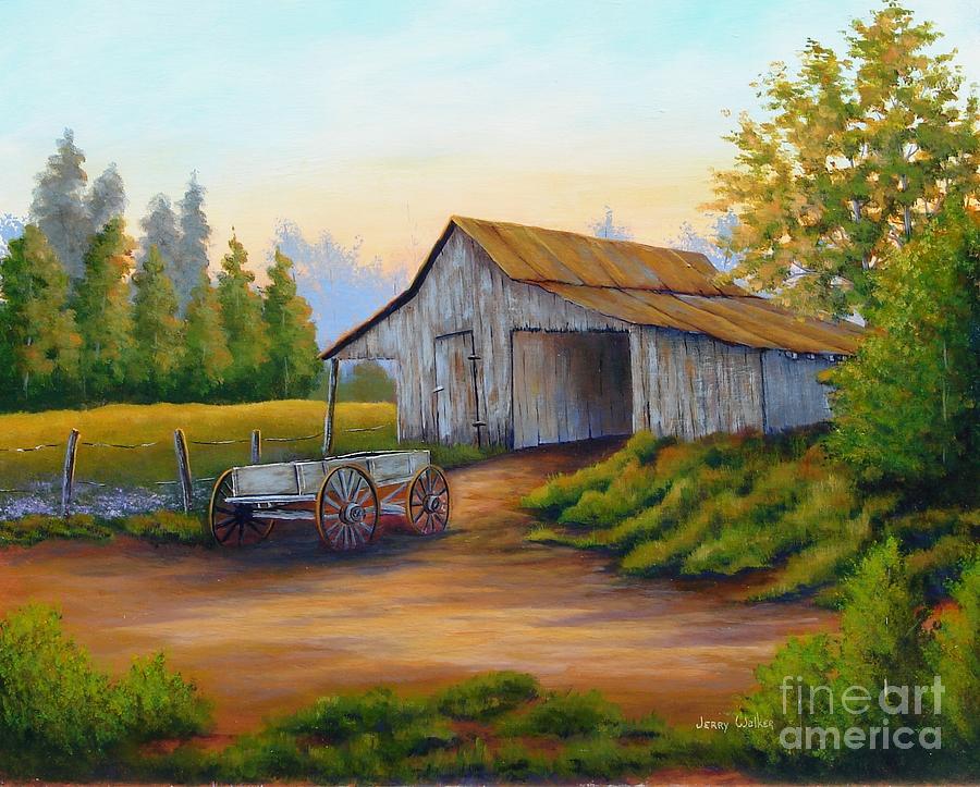 Barn and Wagon Painting by Jerry Walker