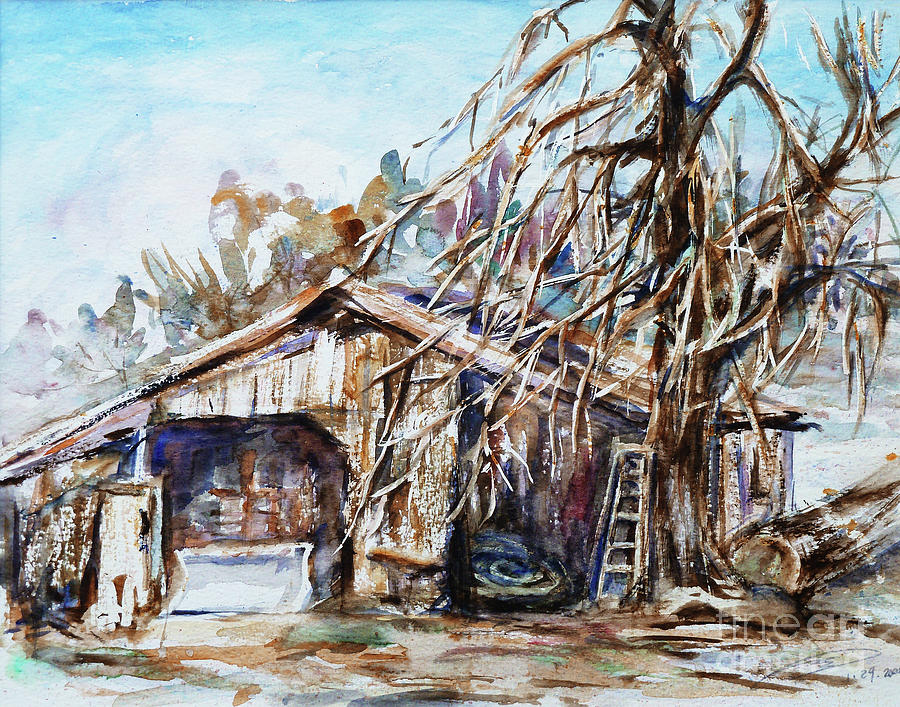 Barn by the Tree Painting by Xueling Zou