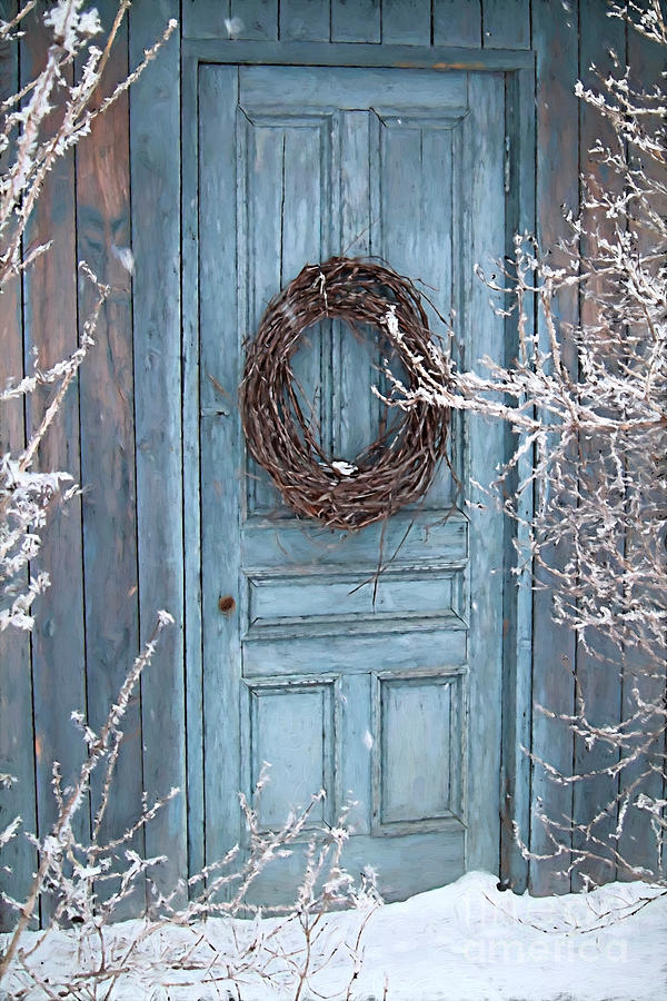 Barn door and wreath/Digital painting Photograph by Sandra Cunninghamwith barn door and wreath