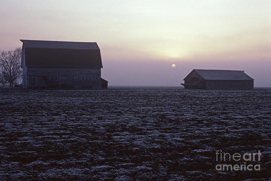 Barn In Frost Covered Field Photograph
