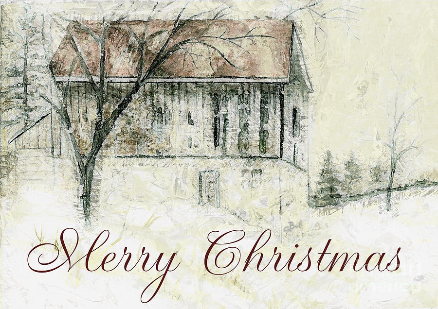 Barn in Snow Christmas Card Mixed Media by Claire Bull