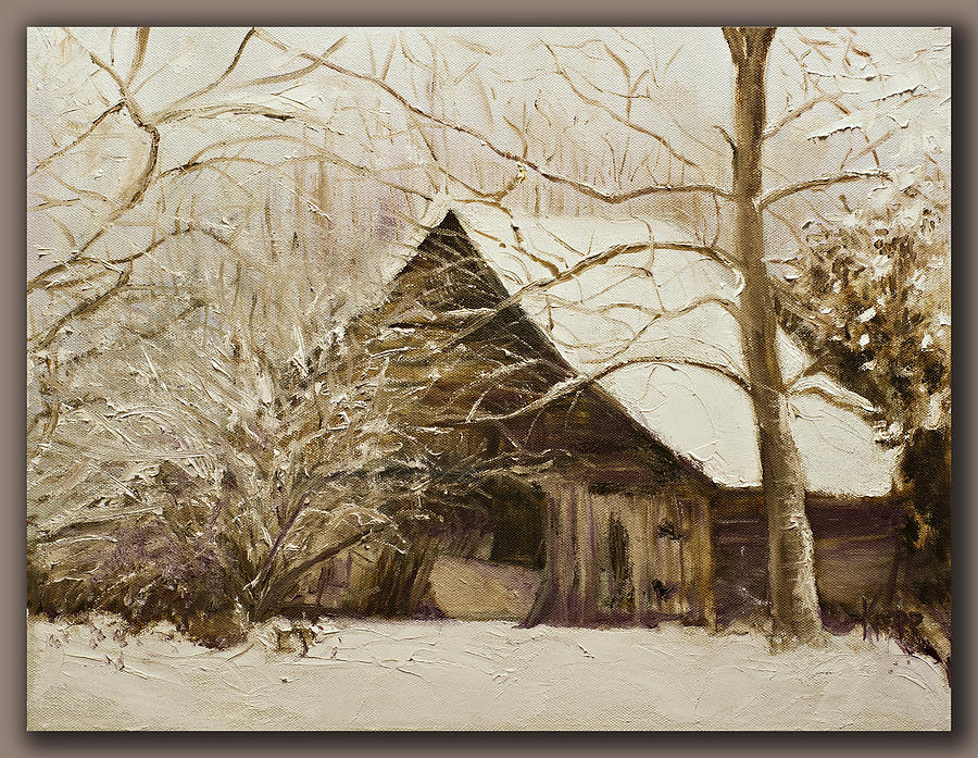Barn in snow Painting by Kathy Knopp