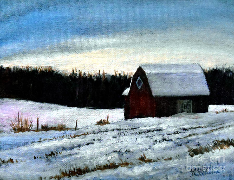 Tree Farm Barn in the snow Painting by Christopher Shellhammer