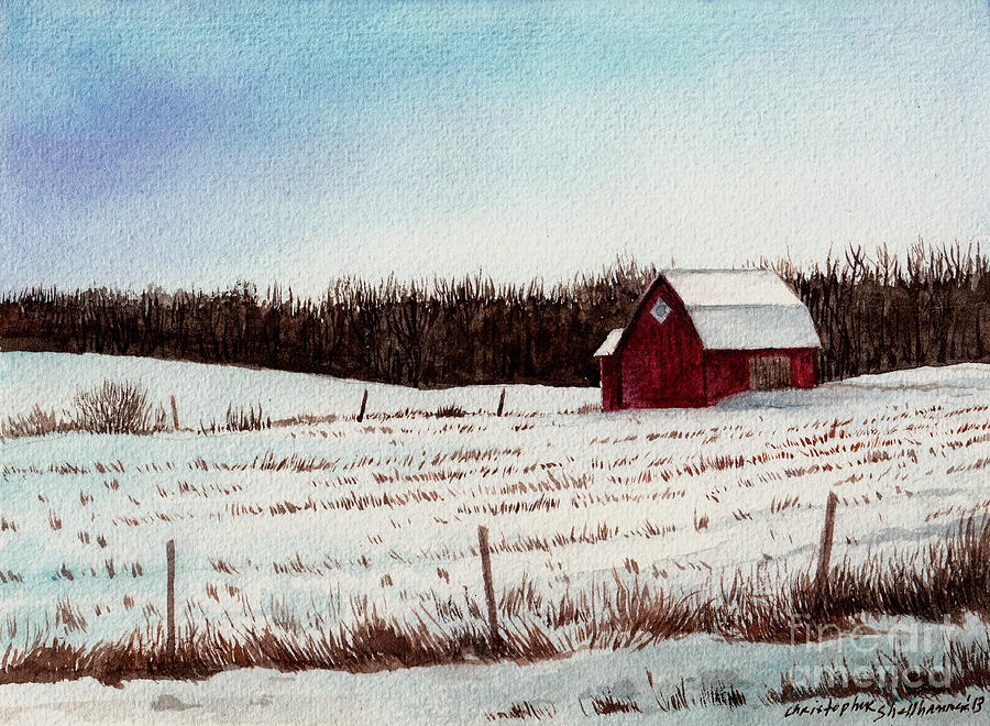 Tree Farm Barn in the snow number two Painting by Christopher Shellhammer