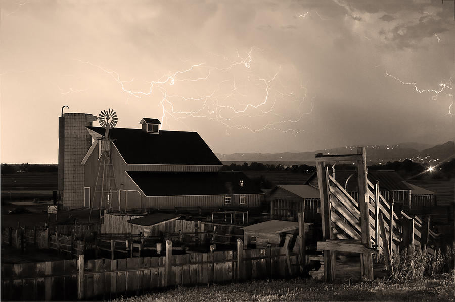 Barn On The Farm and Lightning Thunderstorm Sepia Photograph by James BO Insogna