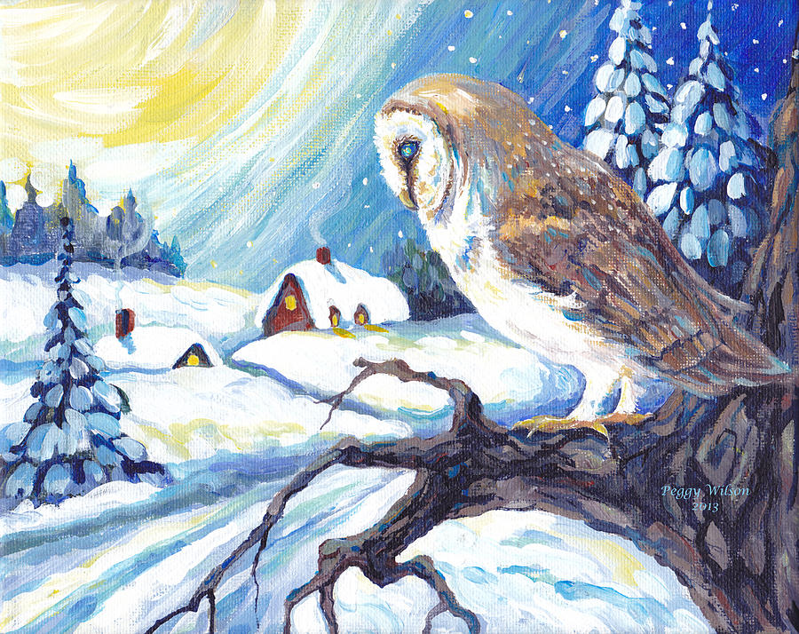 Barn Owl in Winter Night Painting by Peggy Wilson