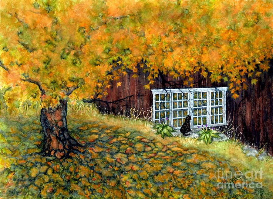Fall Painting - Barn window Reflections by Janine Riley