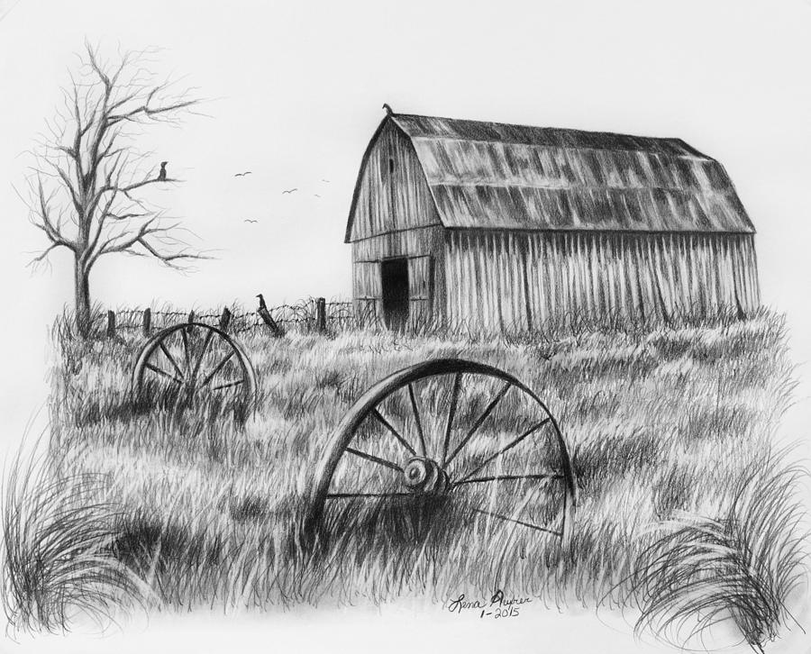 Barn With Crows Drawing by Lena Auxier