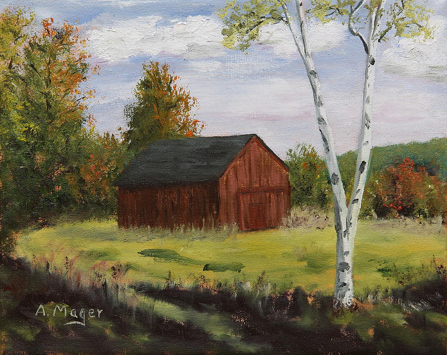 Barn with Lone Birch Painting by Alan Mager