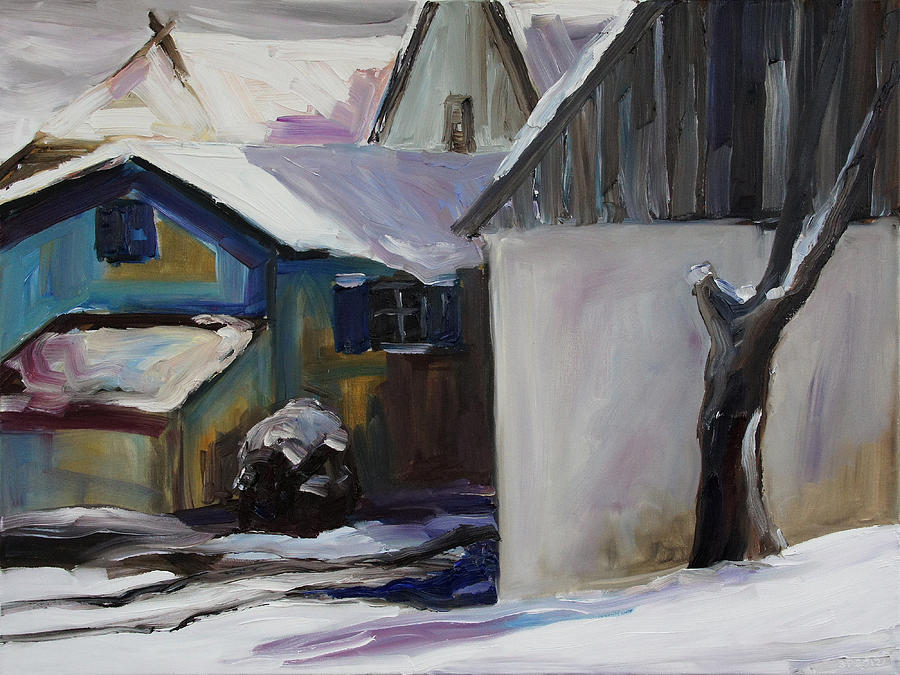 Barnstable With Blue Shutters In Winter Painting by Barbara Pommerenke