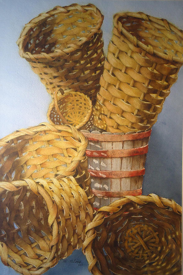 Still Life Painting - Barrel Full of Baskets by Sandra Stone Still Life Painting - Barrel Full of Baskets by Sandra Stone