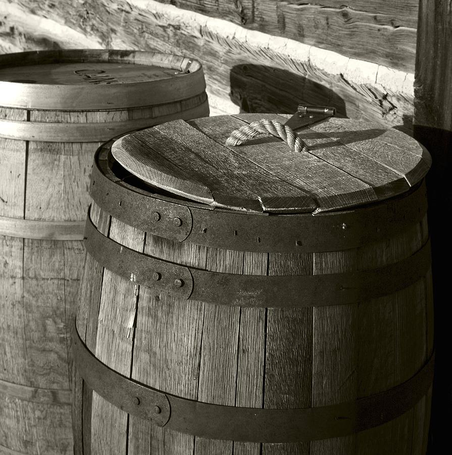 Black And White Photograph - Barrels in Sepia by Sonya Lang