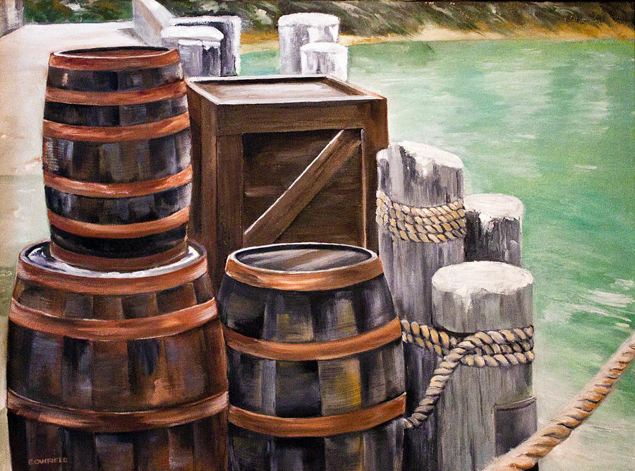 Barrels on the Pier Painting by Ellen Canfield