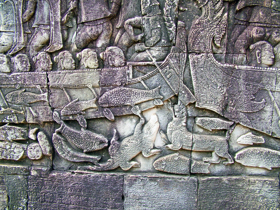 Bas-reliefs of Chinese in Boats and Fish and a Crocodile in the Bayon of Angkor Wat Park-Cambodia Photograph by Ruth Hager