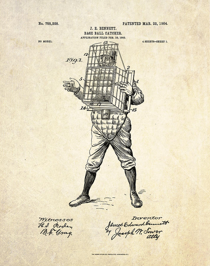 Baseball Catcher Digital Art - 1904 Base Ball Catcher Patent Art by Gary Bodnar