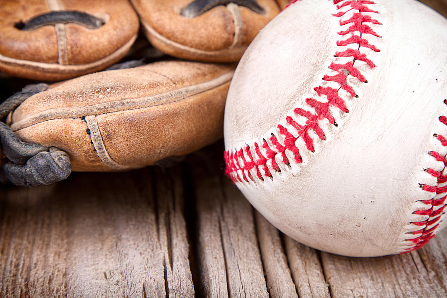 Baseball Photograph - Baseball And Mitt On Wooden Background by Jennifer Huls