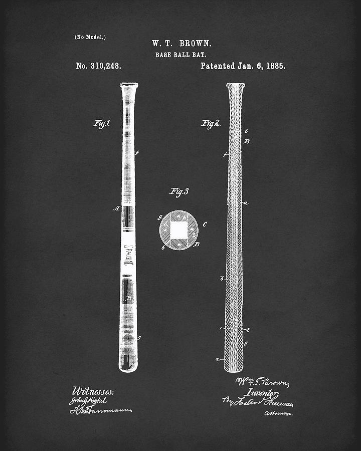Baseball Drawing - Baseball Bat 1885 Patent Art Black by Prior Art Design