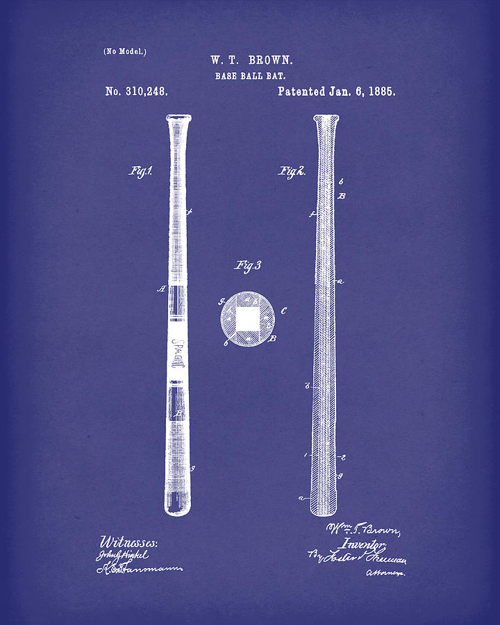 Baseball Drawing - Baseball Bat 1885 Patent Art Blue by Prior Art Design